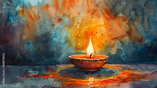 A diya lamp flickering with a warm glow, symbolizing knowledge, purity, and the dispelling of darkness, watercolor photo
