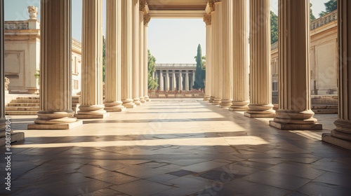 Temple's colonnaded walkway where philosophers gather for discussions photo