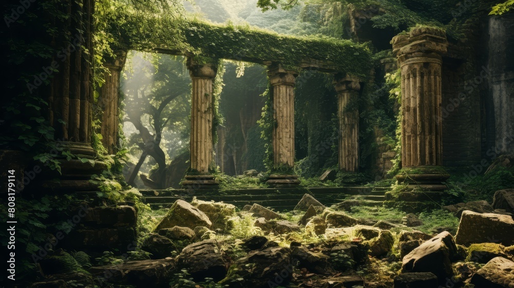 Naklejka premium Temple ruins overtaken by nature ivy-covered columns and fallen stones