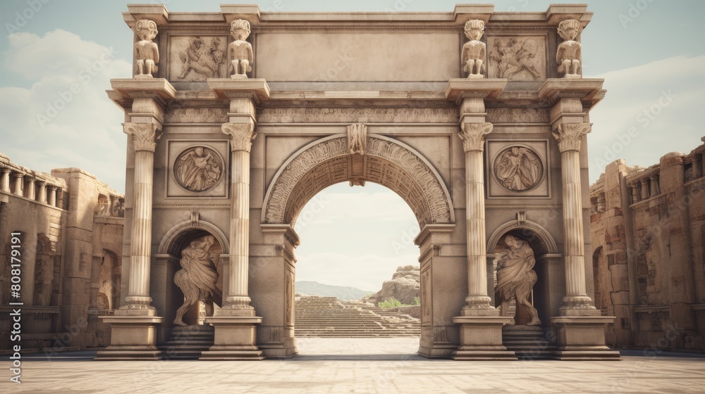 Stately entrance of Roman temple decorated with triumphal arch marking historical victory