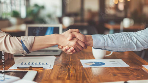 Close-up of two colleagues shaking hands in office. Concluding deal, working together. Two men after a discussion shake hands across a wooden table on light background in office. Business concept. photo