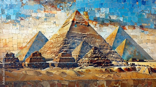 A mosaic depiction of the Pyramids of Giza, with each tile representing a piece of history and ancient wonder photo