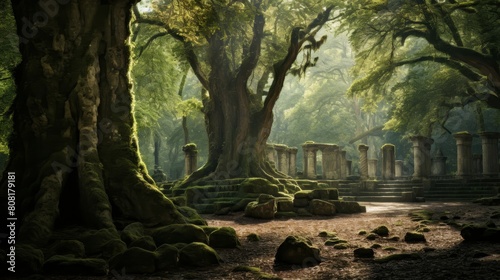Sacred woodland near Roman temple providing worshippers with peace among old trees photo