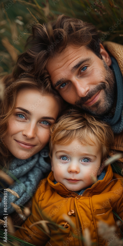 Couple with Baby Son, Smiling, Happy in the Middle of a Flower Garden Couple with Baby Son, Smiling, Happy in the Middle of a Flower Garden