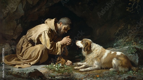 Saint Francis of Assisi caring for a leper, demonstrating his compassion for those shunned by society
