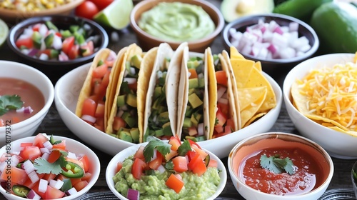 A table filled with tacos  guacamole  and salsa  surrounded by vivid green decorations