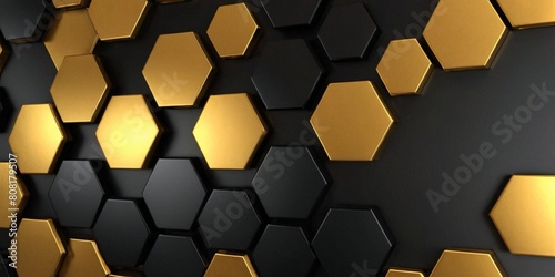 3d rendering of abstract metal hexagon shape background in black and gold color.