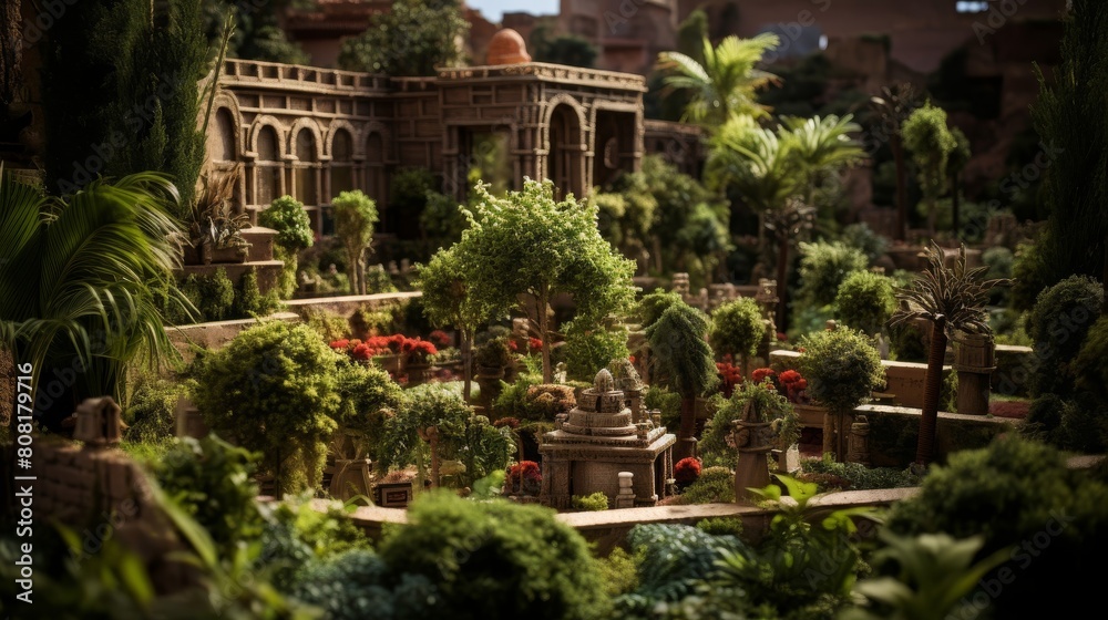 Terrace garden at Roman temple abundant with exotic plants and aromatic herbs Terrace garden at Roman temple abundant with exotic plants and aromatic herbs
