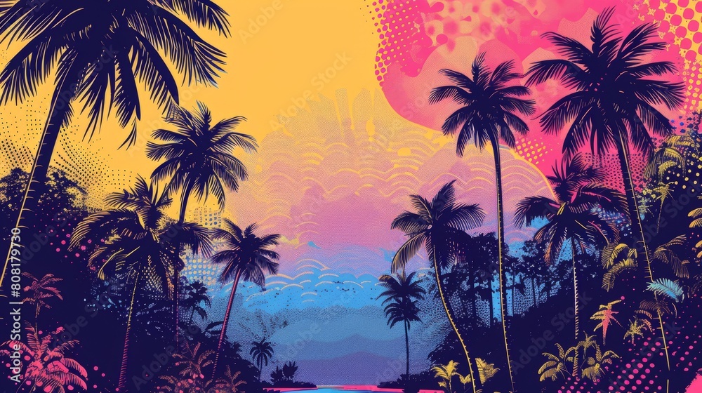 pop art tropical design, eye-catching pop art tropical backdrop featuring fun palm trees and retro designs, perfect for promoting vacations