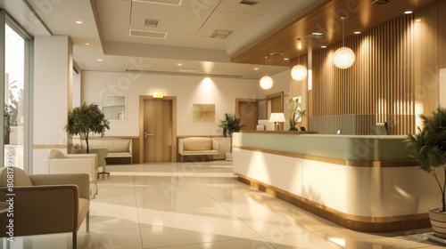 Interior design of the lobby in a clinic or office. Modern interior of the reception room in light colors. Style concept.