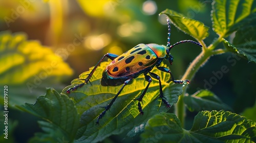 Colorful Beetle Crawling on Lush Green Foliage in Summer Garden © Maow