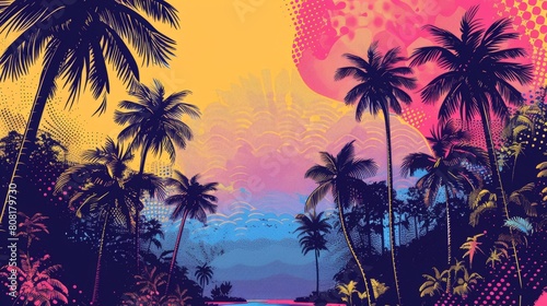 pop art tropical design  eye-catching pop art tropical backdrop featuring fun palm trees and retro designs  perfect for promoting vacations