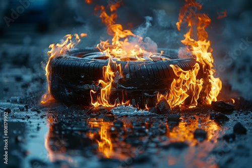 A close-up of a vehicle tire consumed by fire, set against a wet road surface reflecting the intense heat and light