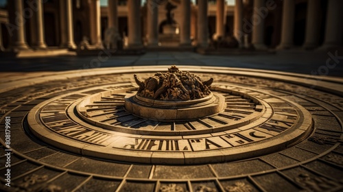 Intricate sundial in a Roman temple's courtyard