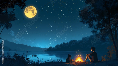 Tranquil scene of an individual and a dog sitting beside a campfire under a moonlit, starry sky by a serene lake