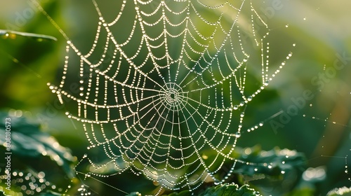 Glistening Spider Web with Dew Droplets Capturing Nature's Delicate Beauty