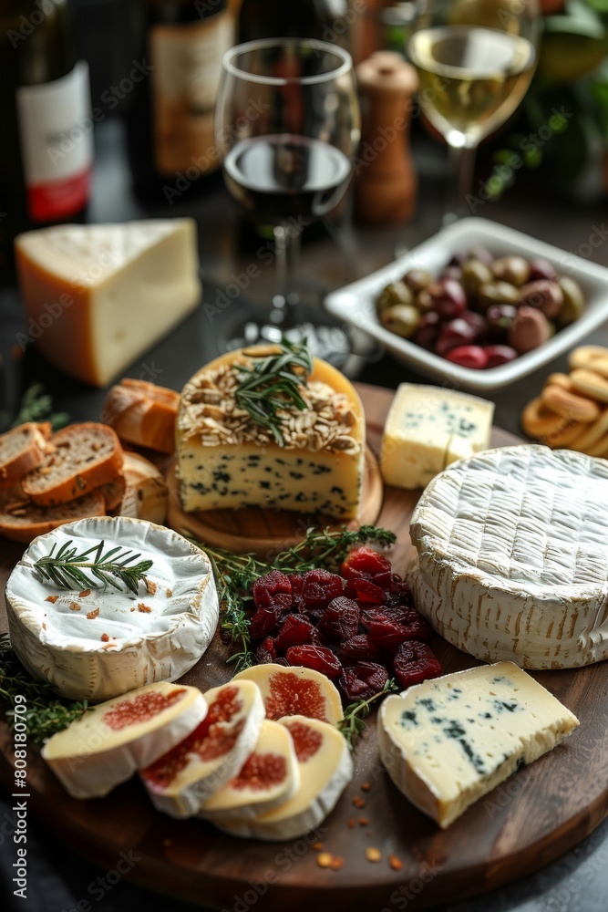 A cheese board with a variety of cheeses and fruit, including figs and grapes