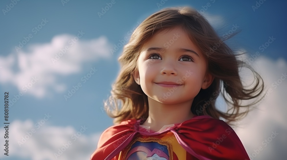 Empowering girl power young superhero girl on blue sky dreaming of bright future Empowering girl power young superhero girl on blue sky dreaming of bright future