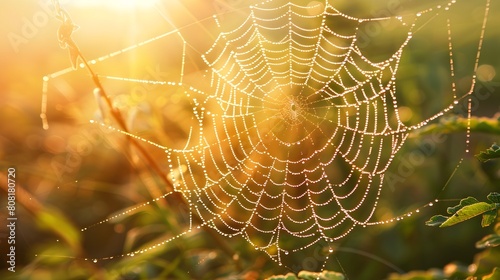 Delicate Spider Web Glistening with Dew in Morning Light
