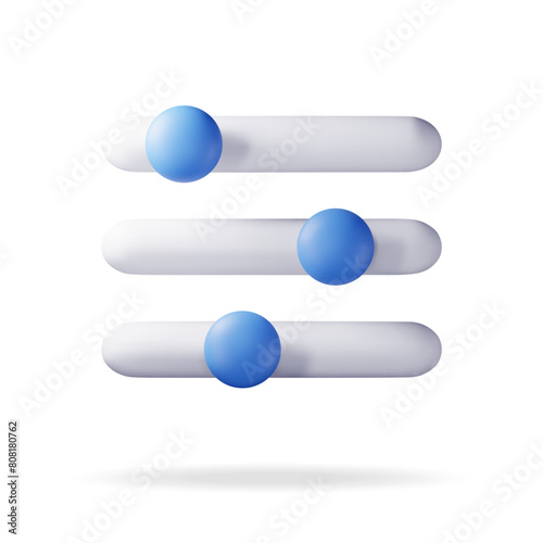 3D filter button icon isolated on white. Render settings slider symbol. Control interface with slider bars selector. Media digital panel for balanced settings. Realistic vector illustration