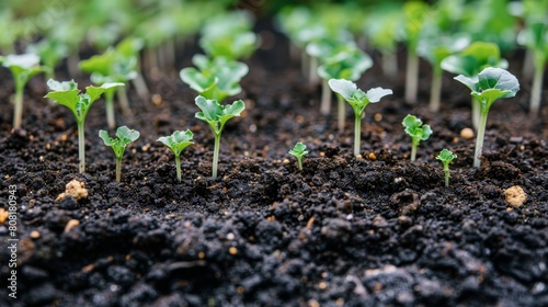  A cluster of tiny green plants emerges from the earth in a garden, surrounded by dirt