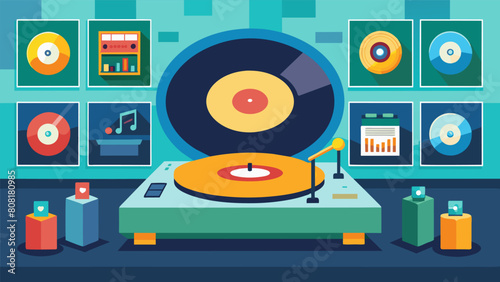 In the center of the record wall a large vintage turntable is set up for customers to use encouraging a communal and interactive music experience. Vector illustration