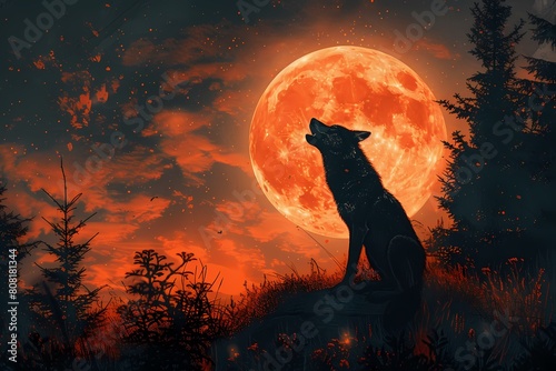 A serene portrayal of a wolf sitting calmly, gazing up at a bright full moon surrounded by a calm night sky and gentle forestry