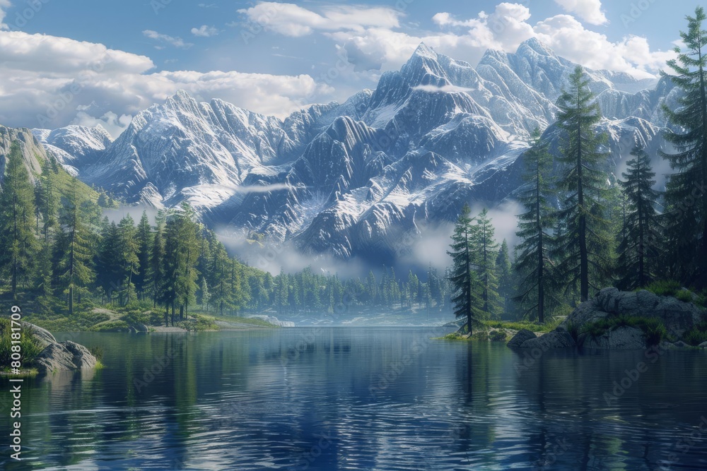 serene lake and majestic mountains generated by ai technology digital landscape artwork serene lake and majestic mountains generated by ai technology digital landscape artwork