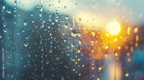 Close-up of raindrops on transparent glass.Blurred background of a silhouette landscape, blurred background of city lights.The texture of wet glass. Abstract background. © Cherkasova Alie