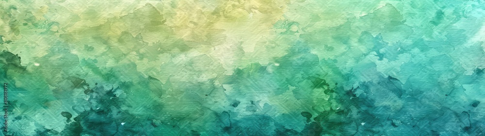 Splashes of blue-green watercolor paint on a green background, a background in the form of spots with blurred marine colors and blooms. Splashes and drops of paint, nostalgic texture of watercolor pap Splashes of blue-green watercolor paint on a green background, a background in the form of spots with blurred marine colors and blooms. Splashes and drops of paint, nostalgic texture of watercolor pap