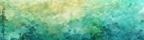 Splashes of blue-green watercolor paint on a green background, a background in the form of spots with blurred marine colors and blooms. Splashes and drops of paint, nostalgic texture of watercolor pap photo
