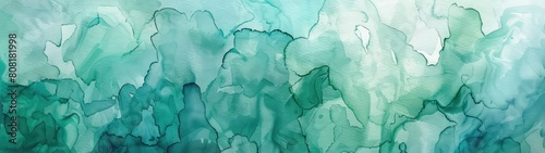 Splashes of blue-green watercolor paint on a green background, a background in the form of spots with blurred marine colors and blooms. Splashes and drops of paint, nostalgic texture of watercolor pap