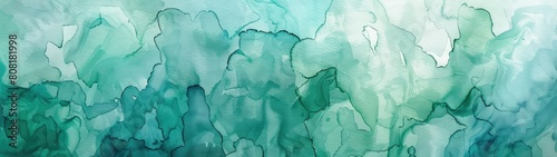 Splashes of blue-green watercolor paint on a green background, a background in the form of spots with blurred marine colors and blooms. Splashes and drops of paint, nostalgic texture of watercolor pap photo