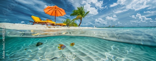  tropical beach scene above water and a vibrant underwater world below. Tropical fish swim over sandy shallows under a clear blue sky, framed by sun loungers and palm trees. photo