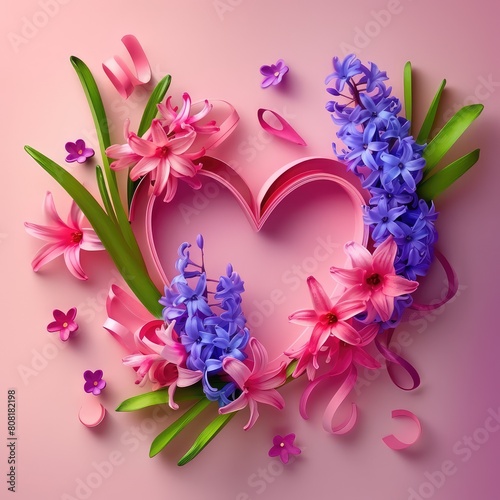 Pink background with spring hyacinth flowers and a paper-cut heart, gradient background with space for text. Beautiful floral panorama banner for Birthday or Mother's Day, Valentine's Day