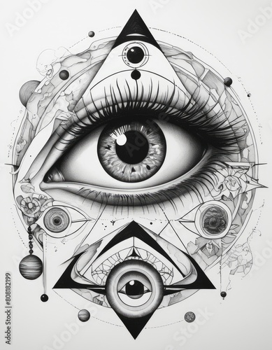 Tattoo design, eye with the universe behind it and planets orbiting around, in front of an all seeing eye © mars58