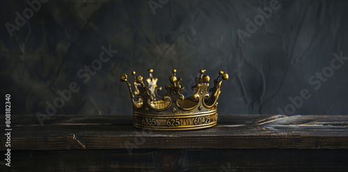 Golden crown on a wooden table against a dark background. A medieval king or queen helmet concept.