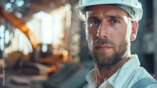 Close-up of a construction engineer's face wearing a white hard hat. Engineer at a construction site looking at the camera. photo