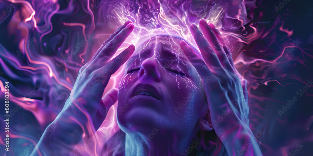 Migraine: The Aura and Visual Disturbances of Severe Headache - Visualize a scene where a person experiences visual disturbances and aura before a severe migraine headache Migraine: The Aura and Visual Disturbances of Severe Headache - Visualize a scene where a person experiences visual disturbances and aura before a severe migraine headache