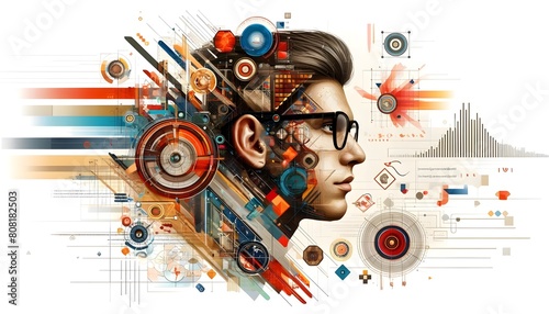This image portrays a male profile overlaid with intricate mechanical and digital elements, symbolizing a fusion of human intellect and technology.

