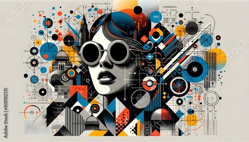 This image depicts a stylish female face with large round sunglasses, integrated into a detailed backdrop of abstract geometric and architectural elements.

