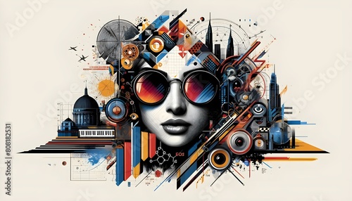 This image is a complex digital collage featuring a stylized female face with sunglasses, surrounded by a vibrant array of mechanical and architectural elements.

