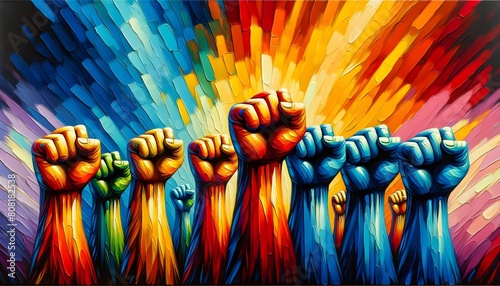 This image depicts a row of raised fists painted in a dynamic spectrum of colors against a vibrant, radiant backdrop.

