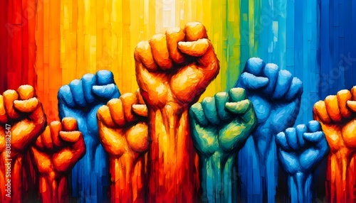This image depicts a series of raised fists in a vibrant gradient from red to blue, painted in a bold, expressive style.

