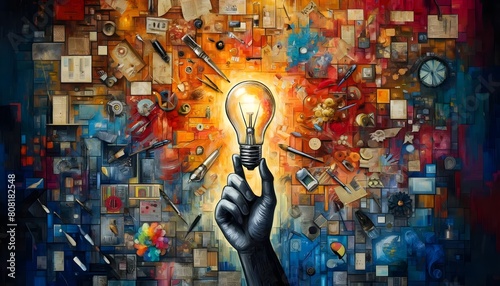 This image displays a hand holding a glowing light bulb against a chaotic backdrop of assorted objects and vivid colors, symbolizing creativity and the chaos of ideas.


