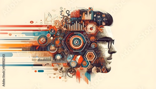 This image features a profile of a human head with a complex overlay of mechanical and geometric elements, representing a fusion of human and technological themes.


