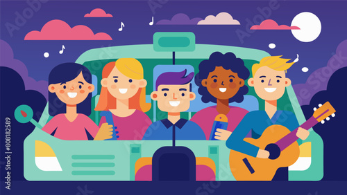 A group of friends carpool to work taking turns sharing their favorite songs and using the time to unwind before the busy day ahead..