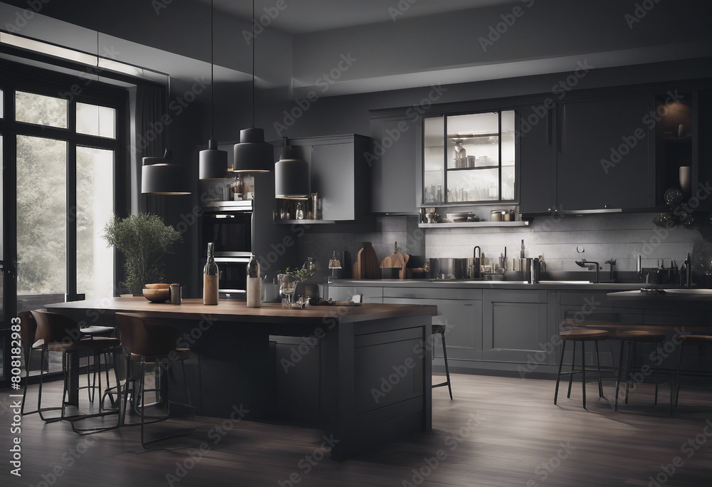 Dark gray kitchen with bar and dining table