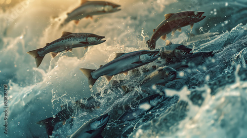 many salmon fish jumping on the waves in the water
