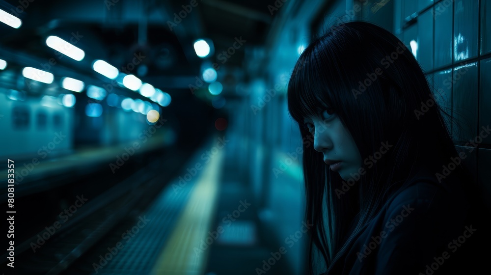 A woman at a train station, near tracks, faces an arriving train A woman at a train station, near tracks, faces an arriving train